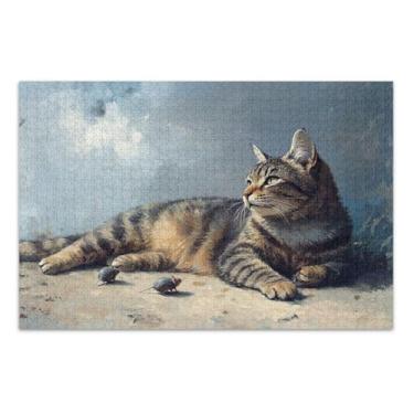 Imagem de Quebra-cabeça vintage gato malhado marrom, quebra-cabeça de 500 peças para adultos, com letras nas costas, quebra-cabeças divertidos para adultos