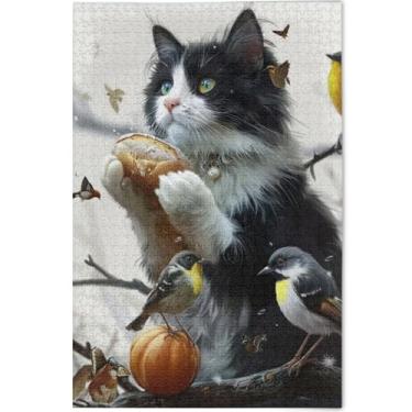 Imagem de Quebra-cabeças personalizados com estampa de pássaros de gato 1000 peças para adultos, pintura de arte floral, brinquedo adulto divertido, presente de festa de elefante branco, 75 x 50 cm