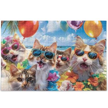 Imagem de Quebra-cabeças engraçados de praia de gatos sorridentes 500 peças para adultos com estampa de animais de flores exclusivas para a família, presentes de elefantes brancos, 52 x 37,8 cm