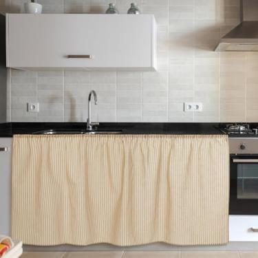 Imagem de VitalCozy Cortinas de armário 71 cm L x 129,5 cm C Saia de pia para banheiro cozinha cortinas de armário listras marrons para sala de aula, casa de fazenda, cortina rústica sob a mesa cortina de