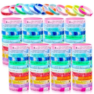 Imagem de 120 pulseiras com versículo bíblico inspiradoras pulseiras de silicone de borracha colorida com escrituras cristãs presentes de operação de Natal presentes de igreja para mulheres e homens presentes