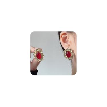 Imagem de Brincos femininos grossos vermelhos de cristal grandes retrô preto dourado oval moderno irregular formatura dia dos namorados joia presente, Large, Metal, Sem pedra preciosa