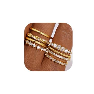 Imagem de KISS WIFE Conjunto de 8 anéis empilháveis banhados a ouro 14K para mulheres, anéis delicados de zircônia cúbica cintilante, alianças de noivado não manchadas, joias de dedo minimalistas, presente