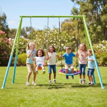 Imagem de Balanço Infantil Duplo 2 em 1, Playground para Jardim, Estrutura Colorida Verde e Azul, com Balanço Tradicional e Circular