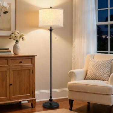 Imagem de Luvkczc Luminária de chão preta, lâmpada de pé de 152 cm com abajur de tecido e corrente de puxar lâmpadas de canto para sala de estar, quarto e escritório não incluídas