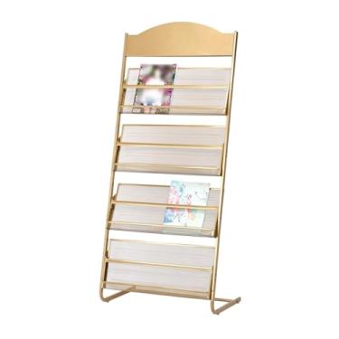 Imagem de Porta-revistas móveis de 3/4 camadas douradas com rodas, suporte de brochura de ferro para escritórios, lojas de varejo e feiras - organizador de exibição elegante