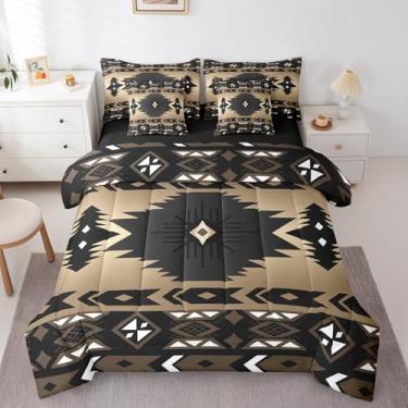 Imagem de Jogo de cama de casal e edredom Boho Western, geometria vintage, triângulo, diamante, 7 peças, sudoeste, nativo asteca, decoração de quarto, tribo étnico, preto, marrom