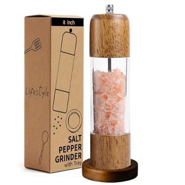 Imagem de M JINGMEI Moedor de sal e pimenta de madeira, moedor de sal e moedor de pimenta, coqueteleiras de madeira de carvalho com moedores de cerâmica ajustáveis (20.3 cm - 1 pacote com bandeja)
