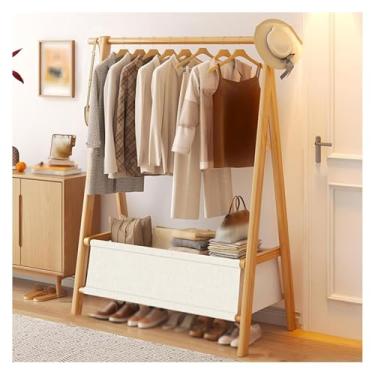 Imagem de Arara de roupas, rack de roupas, rack de roupas dobrável, rack de pendurar roupas de madeira, prateleiras de armazenamento de escritório para quarto de estar, para pendurar roupas (amarelo-A, 118 cm)