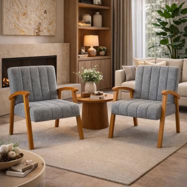 Imagem de Conjunto 2 Poltronas Haley Tecido Boucle Estrutura Madeira Maciça Para Recepção Sala De Estar