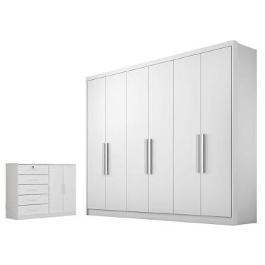Imagem de Guarda Roupa Casal com Cômoda Linea Seul 6 Portas 8 Gavetas MDF MDP 243 cm Branco Móvei...