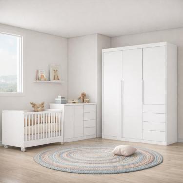 Imagem de Jogo de Quarto com Guarda Roupa 3 Portas e 4 Gavetas + Cômoda 2 Portas e 4 Gavetas + Be...