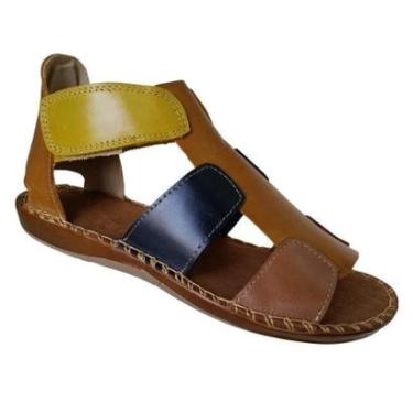Imagem de Sandália Feminina Gladiadora Couro Caramelo Velcro-Feminino