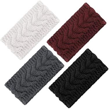Imagem de 4 faixas de cabeça de malha grossa trançadas de inverno para mulheres e meninas, preto, roxo, vermelho, cinza escuro, bege, 1 Count (Pack of 4)