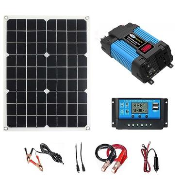 Imagem de Inversor de onda senoidal modificado 300 W Inversor de energia DC 12 V para AC 220 V Conversor de de carro com painel solar de 18 W e controlador de carga solar de 30 A Adequado para