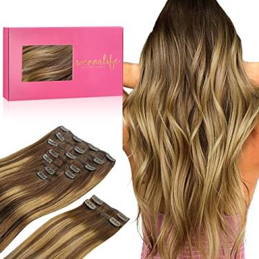 Imagem de WENNALIFE Extensões de cabelo com clipe, 150 g 35 cm 9 peças Balayage marrom chocolate a caramelo loiro remy extensões de trama dupla mais espessas De Cabello Humano Con Clip Ins Liso Volume total