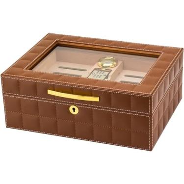 Imagem de Umidificador com fechadura, umidificador superior de vidro moderno, caixa de armazenamento forrada de cedro com higrômetro digital, divisor de bandeja de cedro espanhol, comporta 30-60 charu