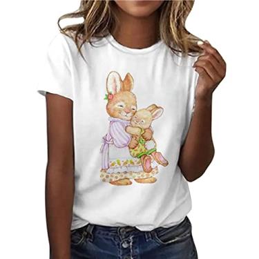 Imagem de PKDong Camisetas femininas de verão com estampa de letras fofas de Páscoa, blusa casual de manga curta gola redonda com estampa de coelho, Marrom, amarelo, P