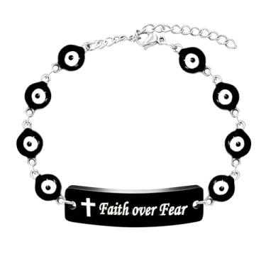 Imagem de Oneress Pulseira Faith Pulseira Turca Olho Azul Corrente Ajustável Com Mensagem Gravada Faith Over Fear Sorte Amuleto Presentes para Mulheres Adolescentes Meninas Amigas Família, Medium, Aço