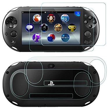 Imagem de AFUNTA Protetores de tela para Sony PlayStation Vita 2000 com capas traseiras, 2 pacotes (4 peças) de vidro temperado para tela frontal e filme PET transparente HD para a parte traseira, acessório de filme PS Vita PSV 2000