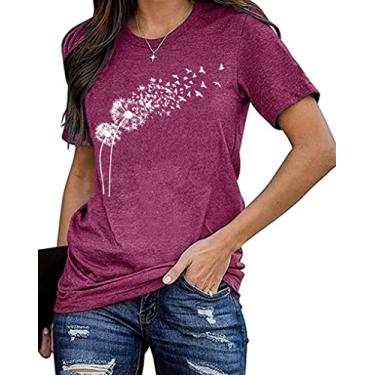 Imagem de Camiseta feminina de dente-de-leão com estampa de flores fofas verão flores silvestres blusas de manga curta, Roxa, M