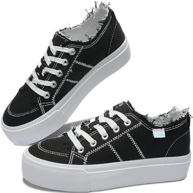 Imagem de Obtaom Tênis feminino de lona plataforma branco confortável para brincar na moda, casual, plataforma elevatória, com cadarços, sapatos bonitos de caminhada de cano baixo para mulheres, Preto, 34