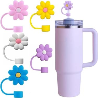 Imagem de Tampa de palha de silicone de flor de 5 peças para Stanley, Yeti, Owala Cup e assim por diante, topo de palha compatível com copo de 30 e 1,134 g com alça, tampa de canudo à prova de poeira de 10 mm