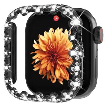 Imagem de Wingle Capa protetora para Apple Watch Series 11 10 de 46 mm, trevo de 4 folhas, borda de renda, diamante, strass, cristal, strass, protetor de moldura de policarbonato rígido para iWatch 11 10, capas