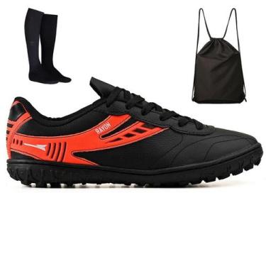 Imagem de Kit Chuteira Futebol Society Couro Campo Grama Sintetica + Mochila + M