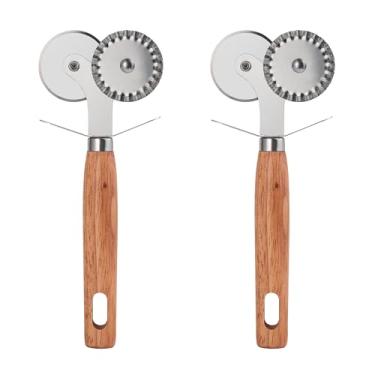 Imagem de Cortador de ravioli - Roda dupla para cortador de massa com cabo de madeira - Cortador de roda de ravioli e pastelaria, 2 peças - Rolo de cortador de ravióli/crimpador para massa, macarrão, pierogis,