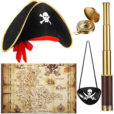 Imagem de Telescópio Monocular Pirata Mapa do Tesouro Bolso Bússola Chapéu Pirata Estampa Crânio Capitão Pirata, 5 Peças Lembranças de Festa Pirata Fantasia de Pirata Spyglass Kid Compass para Festa Pirata Cosplay Vestido Chique