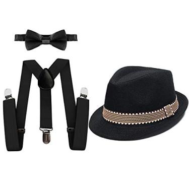 Imagem de HIHCBF Conjunto de acessórios para fantasia infantil anos 20, roupas de festa para meninos, suspensórios ajustáveis, gravata borboleta, aba curta, chapéu Fedora, Preto, 2-6 Years