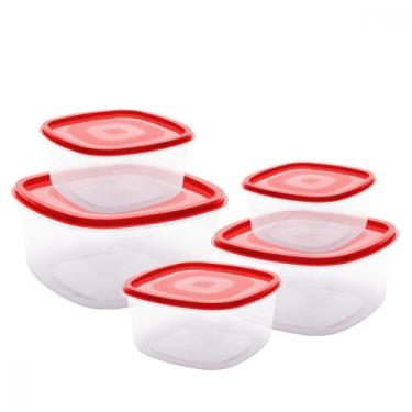 Imagem de Conjunto 5 Potes Plástico Quadrados com Tampa Vasilhas Marmitas Porta 
