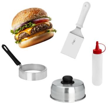 Imagem de Kit 4 Acessórios Profissional Espátula ,abafador hambúrguer, bisnaga, 