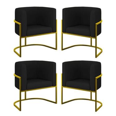 Imagem de Kit 04 Poltronas Lua Sala Decorativa Base Ferro Gold Corino Preto
