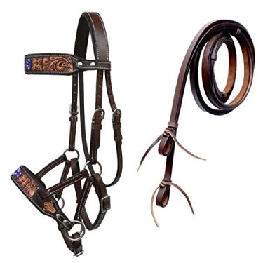 Imagem de CHALLENGER Cavalo Western Leather Antique Floral Beaded Bitless Sidepull Bridle Split Rédeas 77RS41