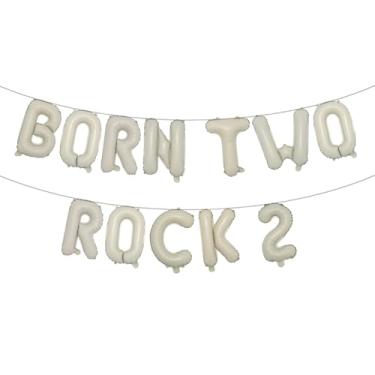 Imagem de Born Two Rock 2 Birthday Decorations Rock and Roll 2nd Birthday Party Supplies with Born Two Rock Balloon Banner Cake Topper Balloon for Rock Band Music Theme Party (BORN TWO ROCK 2 Cream)