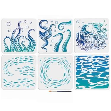 Imagem de MAYJOYDIY 6 peças de estêncil de tentáculos de polvo escolar de peixes oceânicos 29 × 11,20 cm grande verão tema mar pintura estêncil com pincel de tinta, criaturas marinhas modelo de polvo para
