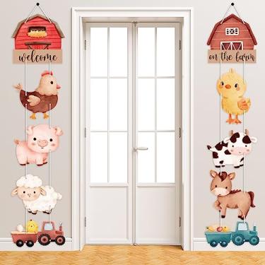 Imagem de AnyDesign Decoração de festa temática de animais de fazenda, 10 peças, faixa com recortes de animais de fazenda, desenho fofo, placa de porta pendurada para chá de bebê, tema de reunião de família,