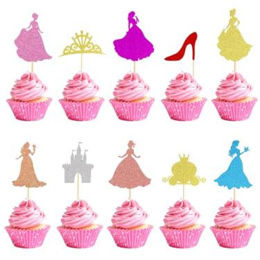 Imagem de Arthsdite 30 peças de enfeite de cupcake de princesa coroa castelo menina topo de bolo de salto alto decorações aniversário palhetas de frutas para princesa menina tema chá de bebê decoração de festa