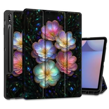 Imagem de MEEgoodo Capa para Samsung Galaxy Tab S9 Plus de 12,4 polegadas 2023 com suporte para caneta, capas protetoras para tablet com suporte dobrável de couro + capa traseira de TPU macio + despertar/hibernar automático inteligente, flores com glitter