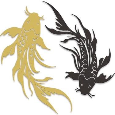 Imagem de Xedatric Arte de parede de metal Koi Fish - Decoração de parede japonesa Yin Yang com design harmonioso preto e dourado - Decoração elegante de peixe Koi para espaços zen