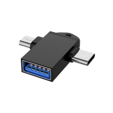 Imagem de Adaptador otg 3 em 1 com conector USB fêmea, tipo c e micro b v8 macho