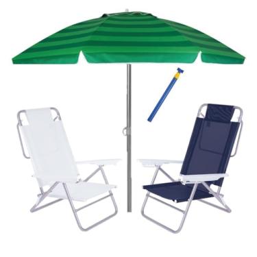 Imagem de Kit Praia 2 Cadeira Summer Reclinável 6 Pos + Guarda Sol 2,4m + Saca Areia - Mor - Azul Florido