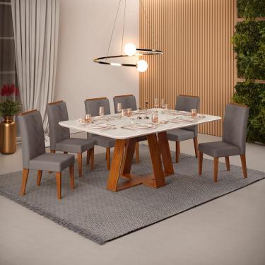 Imagem de Conjunto Sala de Jantar 6 Cadeiras Tampo Sem Vidro 170x90 dj Móveis Kiara Freijó Quartzo Yasmin Veludo Lunar