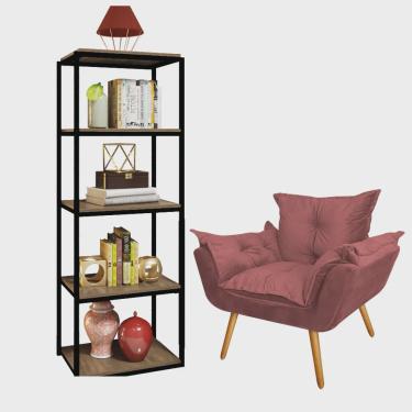 Imagem de Kit Poltrona Fatte com Estante Livreiro Ferro Preto mdf Castanho Suede Rose Gold - Ahazzo Móveis