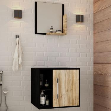 Imagem de Armário De Banheiro 1 Porta 2 Prateleiras Com Espelho Preto ônix/carvalho