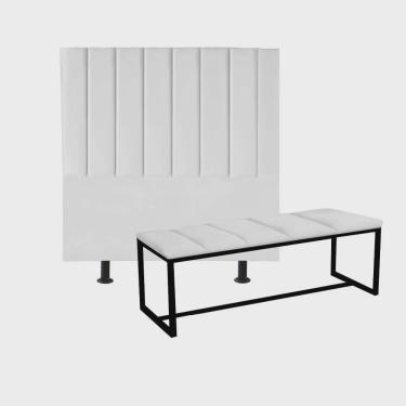 Imagem de Kit Cabeceira Carla e Recamier Industrial 195cm King Size Box Ferro Preto Sintético Branco - Ahz Móveis