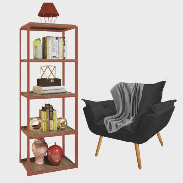 Imagem de Kit Poltrona Fatte com Manta Soft Cinza e Estante Livreiro Ferro Bronze mdf Rústico Sue...