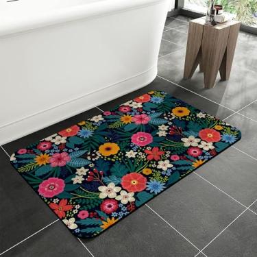 Imagem de jajoaier Tapete de banheiro floral tropical, flores coloridas, tapetes de banho macios e antiderrapantes, tapete lavável à máquina de secagem rápida para chuveiro, banheira, acessórios de banheiro de